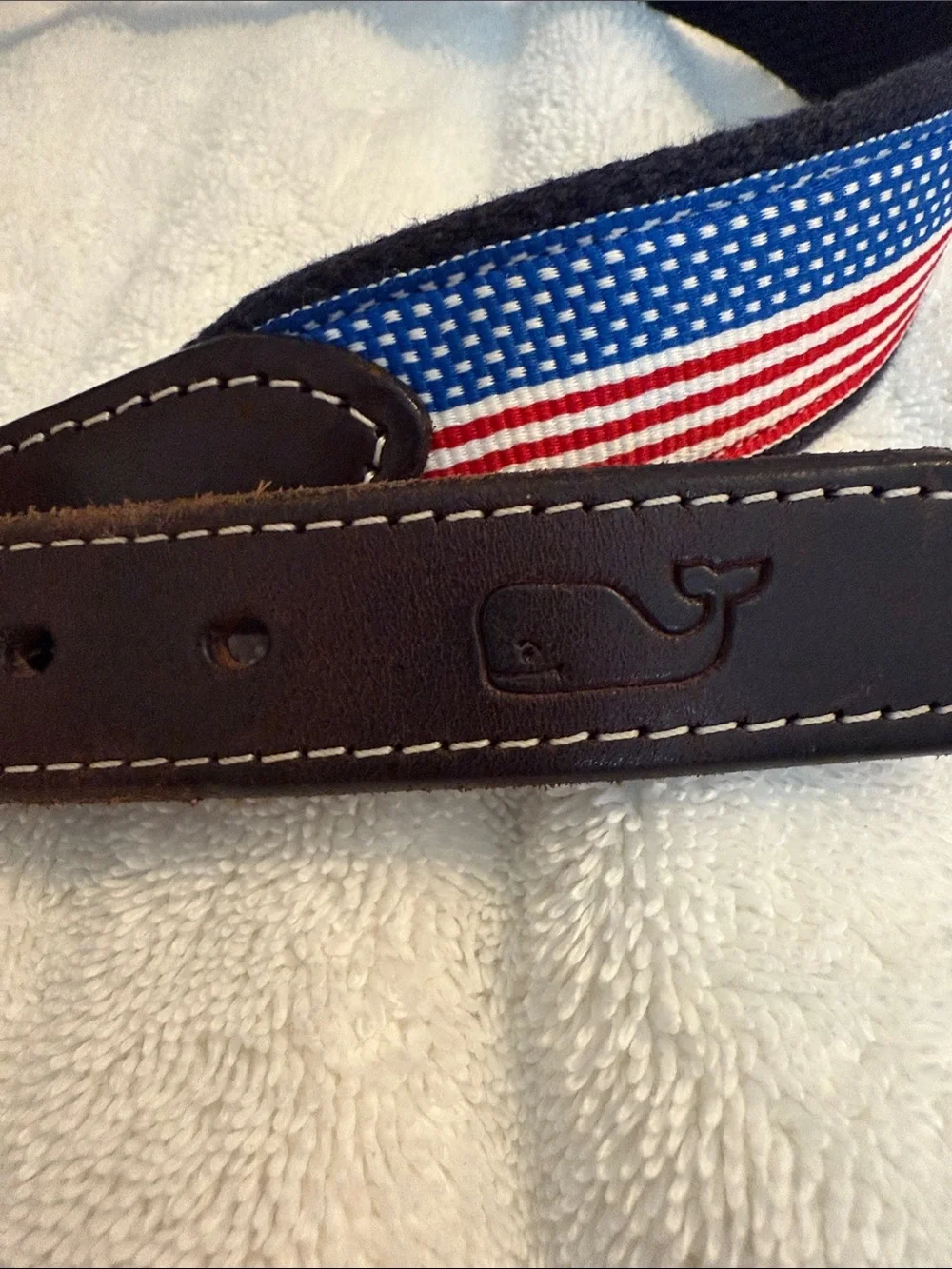 Vineyard Vines Kids Brown Leather Belt with Red, White & Blue Stripe